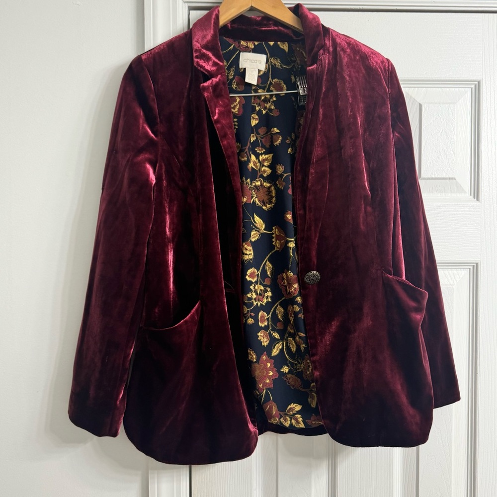 Chicos 1 Burst Merlot Burgundy Velvet Button Party Cocktail Blazer Jacket S $139